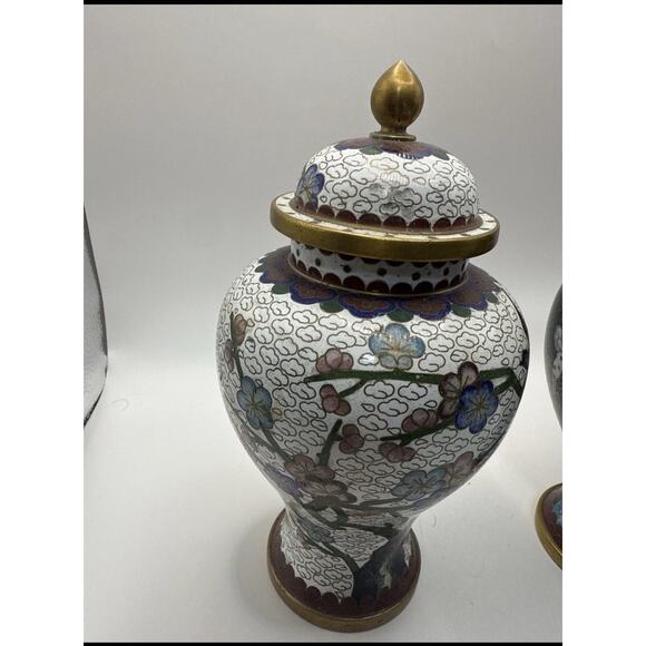 Chinese Cloisonné Enamel and Brass Cherry Blossoms Ginger  Vintage Mid-Century Chinese Cloisonné Ginger Jar – Black Enamel & Pink & White